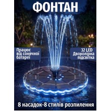 Фонтан садовий декоративний Okmee, на сонячній батареї, з синьою і зеленою підсвіткою, з акумулятором, 8 насадок, діаметр 16.5 см