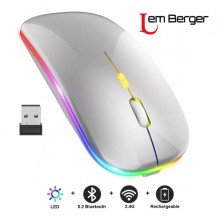 Мишка безпровідна комп’ютерна Lem Berger безшумна бездротова дворежимна на Bluetooth та фішку 2,4GHz, 1600 DPI, з RGB підсвіткою, срібляста, G8159-3, 3309668