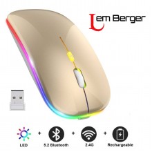 Мишка безпровідна комп’ютерна Lem Berger безшумна бездротова дворежимна на Bluetooth та фішку 2,4GHz, 1600 DPI, з RGB підсвіткою, золотиста, G8159-3, 3309904