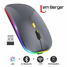 Мишка безпровідна комп’ютерна Lem Berger безшумна бездротова дворежимна на Bluetooth та фішку 2,4GHz, 1600 DPI, з RGB підсвіткою, сіра, G8159-3, 3309905