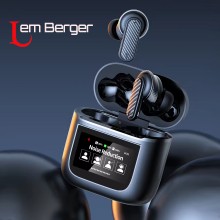 Бездротові навушники Lem Berger, з'єднання по Bluetooth 5.4, з мікрофоном, з шумозаглушенням, зарядний кейс з кольоровим сенсорним дисплеєм, чорні, YW05, 3309857