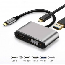 Багатофункціональний USB-C хаб 4 в 1, адаптер для планшета, макбука, телефона, HDTV, VGA, USB-C, USB, сірий, 3309794