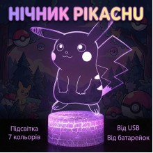 Нічник лампа акрилова 3D, настільна, світлодіодна з пластиною Покемон Пікачу, 7 кольорів, від USB та від батарейок