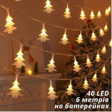Гірлянда світлодіодна, ялинки, 6 м, 40 LED, 2 режими, на батарейках, тепле біле світло, прозорий провід