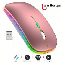 Мишка безпровідна комп’ютерна Lem Berger безшумна бездротова дворежимна на Bluetooth та фішку 2,4GHz, 1600 DPI, з RGB підсвіткою, глянцева Rose Gold, 3309942
